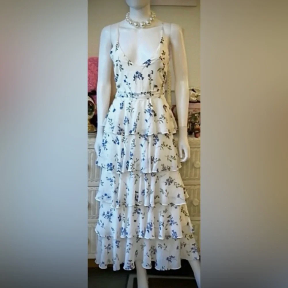 Jay Godfrey Hader Midi Dress Low Cut Tiered Lavender Blue Floral on White size 2 - Picture 2 of 7